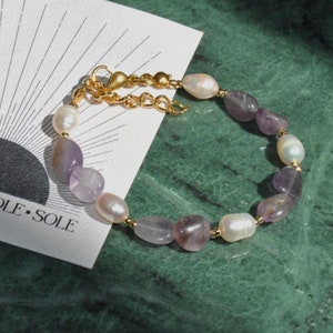 Sunstone& Amethyst Bracelet with Baroque Pearl Beads, Adjustable Pearl Bracelet, Pearl Bracelet Chain, Simple Minimalist Bracelet for Women
