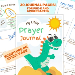 May include: A green dinosaur wearing sunglasses stands on a sandy hill with a bright yellow sun in the sky. The text "My Little Prayer Journal" is in large letters above the dinosaur. A smaller orange rectangle with the text "Scripture on Every Page" is in the lower left corner of the image.