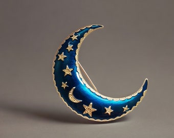 Halve Blue Moon Brooch | Lady's Fashion Accessory | Midnight Moon And Stars Brooch | Mystical Moon Brooch Gift