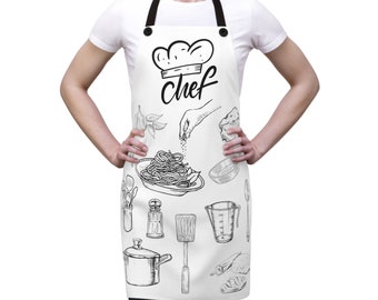 Chef's Apron, Novelty White Apron, Kitchen utensils apron, kitchen collage smock, Chef Accessories