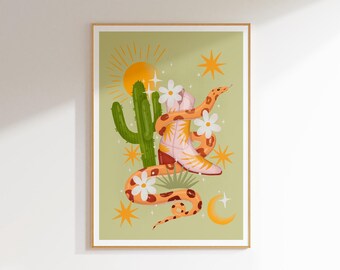 Cowboy Boot & Snake Art Print: Western Home Decor (A4)