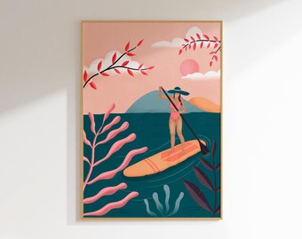Paddleboard Art Print: Boho Surfer Girl Wall Decor, A4