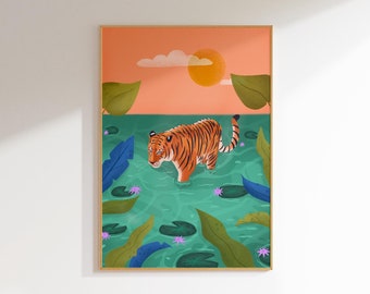 Tropical Tiger Art Print: Jungle Illustration, Kids Room Decor (A4)