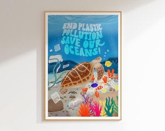 Turtle Illustration Art Print: Save Our Oceans, End Plastic Pollution