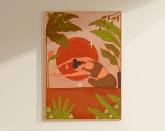 Sunset Yoga Art Print, Golden Hour Wellness Wall Art, Tropical Boho Illustration (A3)