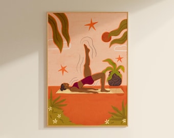 Yoga Art Print with Sun, Tropical Wellness Wall Art, Boho Pilates Illustration (A3)