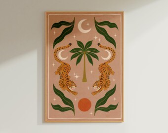 Symmetrical Tiger Art Print, Boho Tropical Wall Art, Sun Moon Decor (A3, A2)