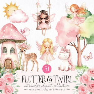 Clipart aquarelle fée rose, fée mignonne PNG, licorne rose, licence commerciale jardin féerique, forêt enchantée, premier anniversaire de fée florale
