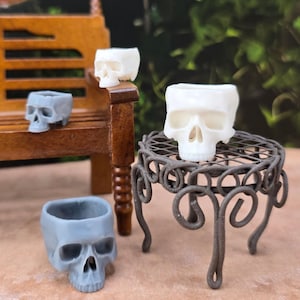 May include: Miniature skull-shaped planters in white and gray. One white skull planter sits on a decorative metal stand. Another gray skull planter rests on a wooden bench. The planters are designed for small plants or succulents.