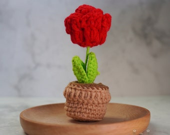 Crochet Red Rose in Pot Decor, Decorative Knit Flower Ornament, Charming Desk Plant Gift, Handmade Crocheted Artisanal Home Accent