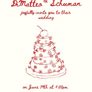 May include: Wedding invitation featuring a red illustration of a cake adorned with flowers and a cherry on top. The text reads "Elena Di Matteo & Ryan Schuman joyfully invite you to their wedding on June 19th at 4:00pm The Rosewood Miramar Beach in Montecito."