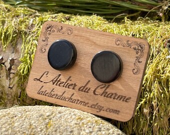 Paar Ohrringe, Splitter, Knöpfe aus Grenadillholz, 2 Größen, handgefertigt, Fassung aus 925er Silber in französischer Qualität