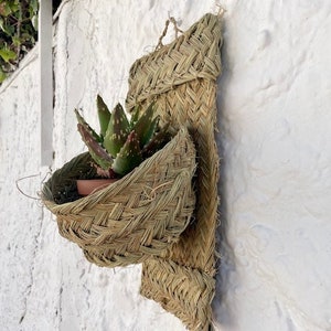May include: A woven wall planter made of natural materials, with a small succulent plant growing inside. The planter is attached to a white wall.