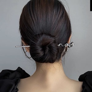 Long Metal Hair Stick, Silver Black Hair Pin, Minimalist Bun Holder, Twisted Hair Stick, Modern Hair Fork, Hair Accessories, Gift For Her