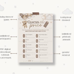 Baby Shower Game, Guess The Price, Gender Neutral Bear Baby Shower Game, Brown Boho Bear Baby Shower Game, Digital Download