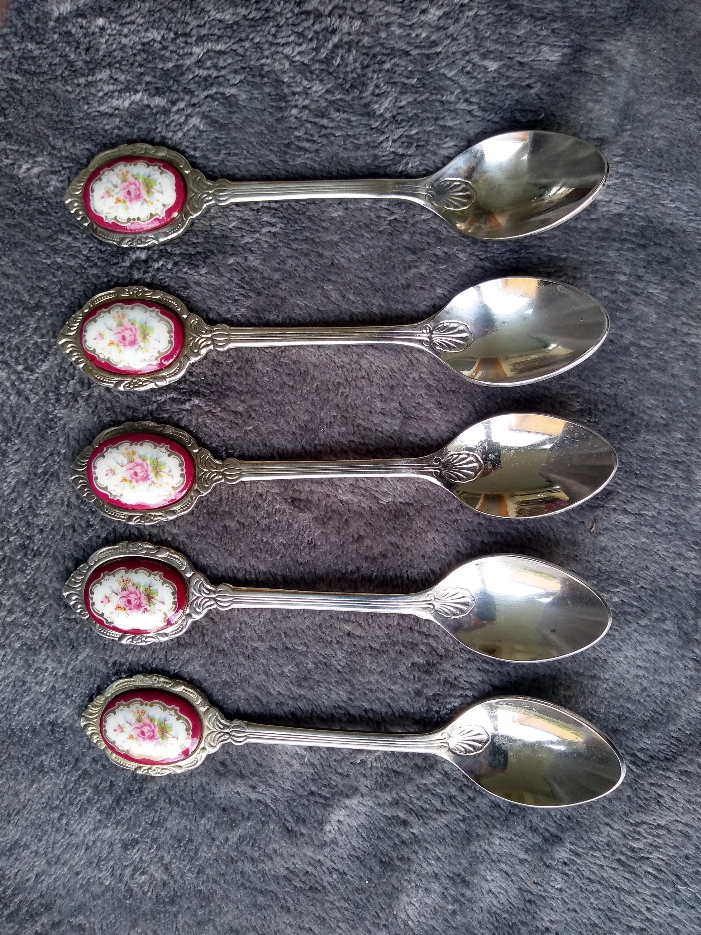Set of 6 Vintage Spoons With Inset Floral Design on Handle. Very