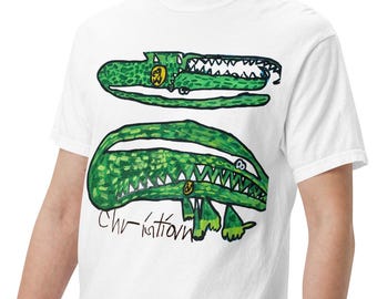 Crocodile Graphic T-Shirt - Bold Animal Design Hand-Drawn by Autism Artist, Unique Alligator Illustration Heavyweight Cotton Tee