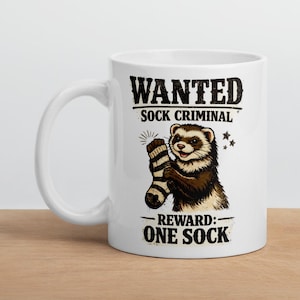 SE BUSCA Calcetín Criminal Hurón Divertido Taza Blanca Brillante de 11 oz