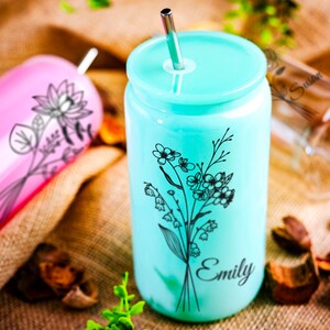 Personalized Birth Flower Glass Cup, Glass Cup With Lid And Straw, Birth Flower Tumbler, Iced Coffee Cup, Birthday Gift, Bridesmaid Gift