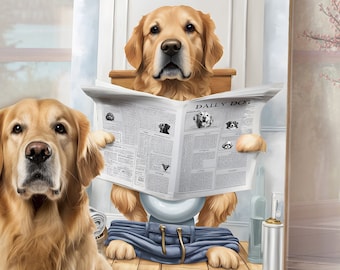 Custom Pet Portrait Dog Read Newspaper in Toilet Funny Dog Portrait Pet Bathtub Kids Bathroom Decor Wall Art Personalized Cat Dog Mom Gift