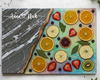 Personalized Glass Charcuterie Board Marble Wood Look Cutting Board Unique Wedding Gift Bridal Shower Gift Engagement Gift Anniversary Gift