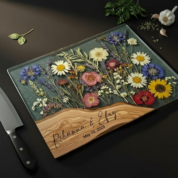 Personalized Glass Charcuterie Board Resin Wood Look Cutting Board Unique Wedding Gift Bridal Shower Gift Anniversary Valentines Day Gift