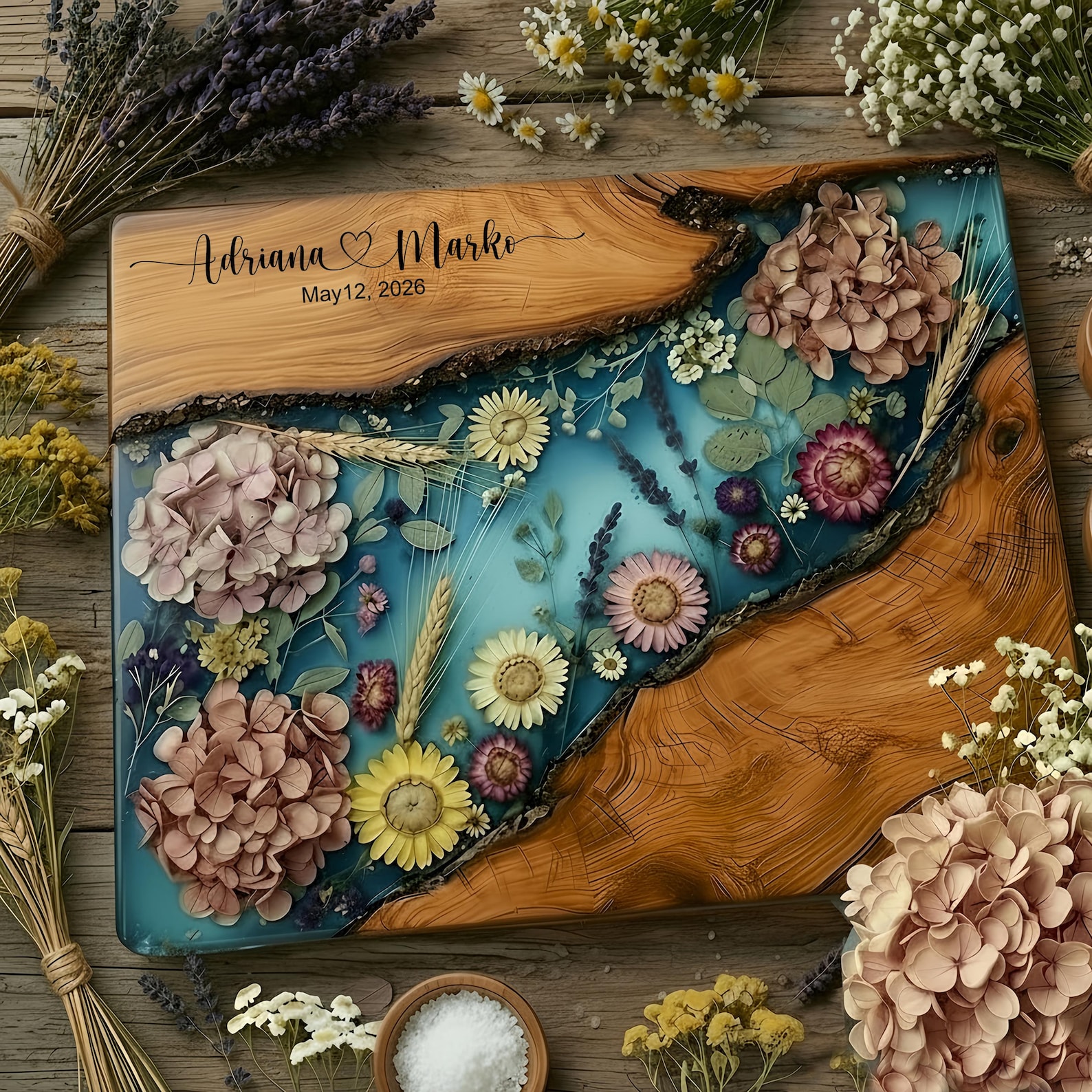 Personalized Glass Charcuterie Board Marble Wood Wildflowers Look Cutting Board Custom Wedding Gift Bridal Shower Gift Mom Grandma Gift