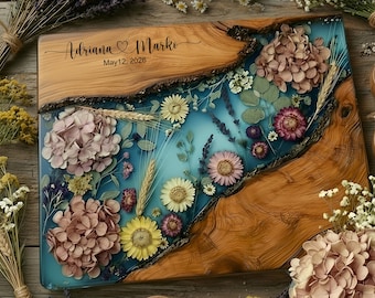 Personalized Glass Charcuterie Board Marble Wood Wildflowers Look Cutting Board Custom Wedding Gift Bridal Shower Gift Mom Grandma Gift