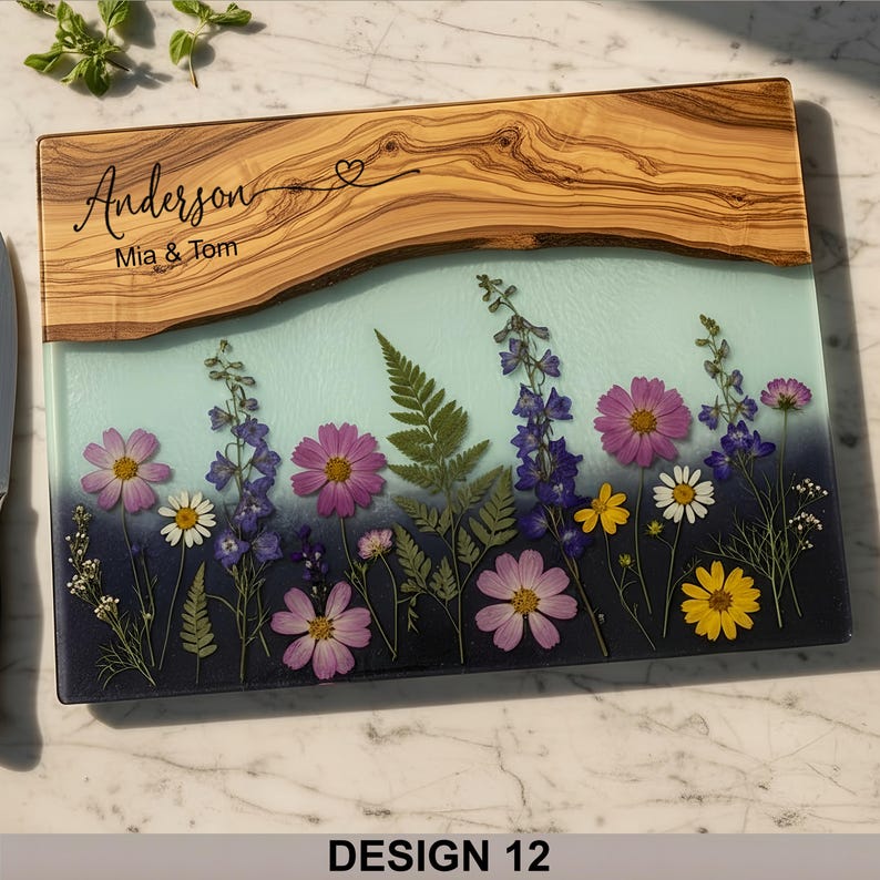 Personalized Glass Charcuterie Board Resin Wood Look Cutting Board Unique Wedding Gift Bridal Shower Gift Engagement Gift Anniversary Gift Design #12
