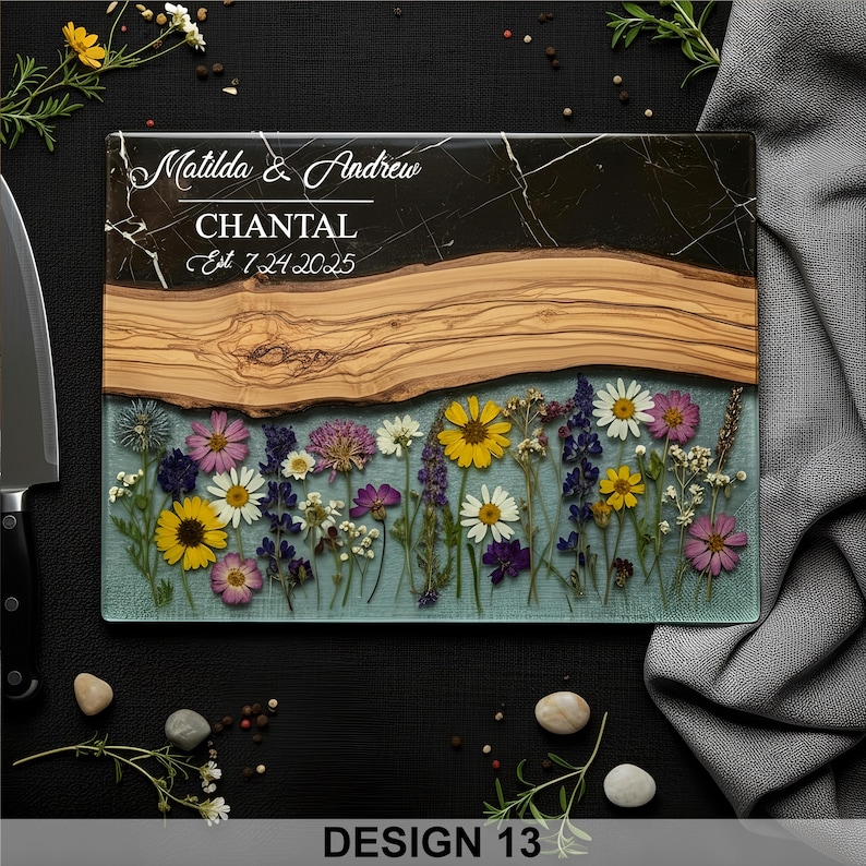 Personalized Glass Charcuterie Board Resin Wood Look Cutting Board Unique Wedding Gift Bridal Shower Gift Engagement Gift Anniversary Gift Design #13