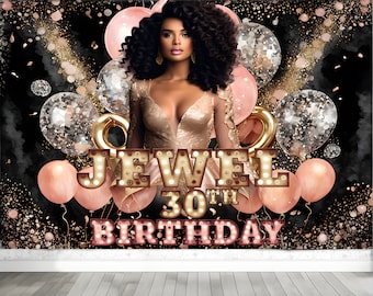 May include: A black background with gold and pink confetti. A woman in a gold dress stands in front of a sign that reads "Jewel 30th Birthday".