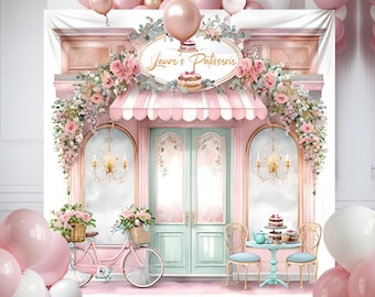 May include: A pink and white storefront with a sign that reads "Laure's Patisserie". The storefront has a large window with a chandelier hanging from the ceiling. There are pink flowers and greenery around the storefront. There is a pink bicycle with a basket in front of the storefront. There are two tables and chairs in front of the storefront.