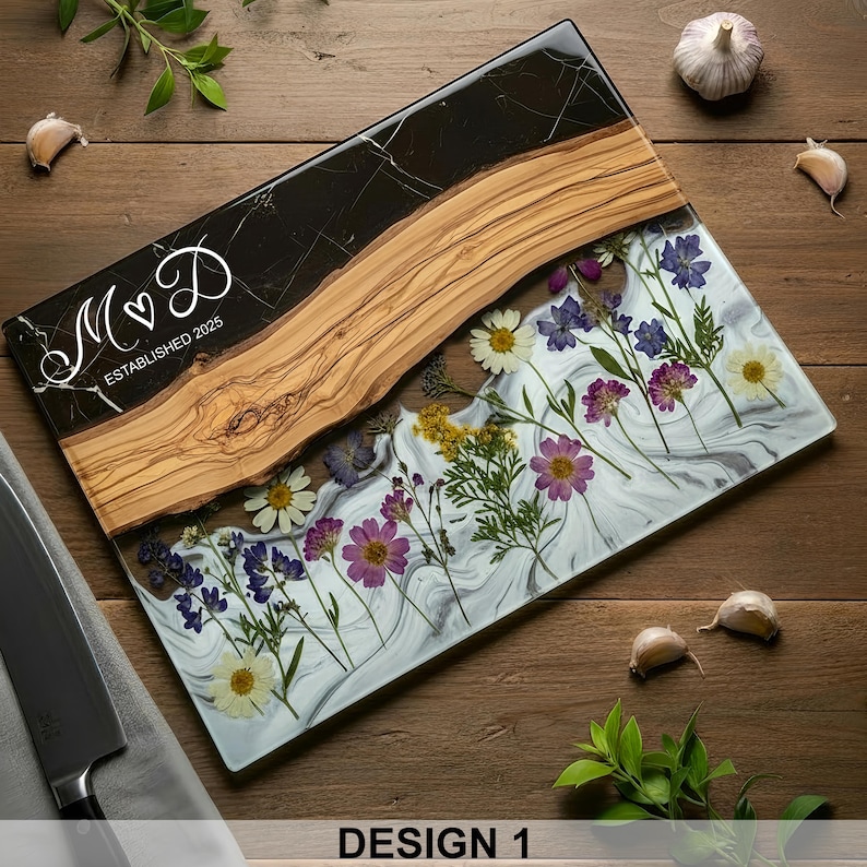 Personalized Glass Charcuterie Board Resin Wood Look Cutting Board Unique Wedding Gift Bridal Shower Gift Engagement Gift Anniversary Gift Design #1