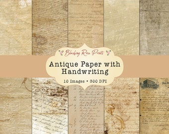 May include: A digital collage of 10 antique paper textures with handwritten text in brown ink. The paper has a worn and aged appearance with visible creases and folds. The text is in various styles of cursive handwriting. The title "Antique Paper with Handwriting" is displayed in a banner at the top of the collage. The text "10 Images - 300 DPI" is displayed below the title.
