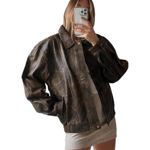 Veste en cuir souple pour femme, blouson aviateur en cuir marron classique pour femme, veste en cuir de mouton coupe droite surdimensionnée, cadeau de Noël pour elle,