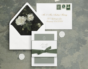 Suite di inviti per matrimonio con ortensia verde salvia / Elegante invito per matrimonio in giardino / Modello digitale Canva / Download immediato
