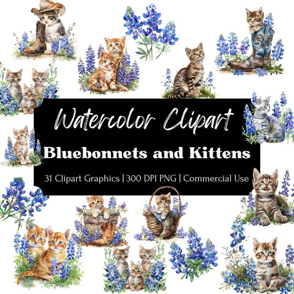Country Charm Watercolor Clipart: Bluebonnets, Kittens, Boots & Baskets