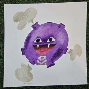 May include: A purple cartoon monster with a wide grin and fangs. It has a skull and crossbones design on its chest and is surrounded by white smoke clouds.