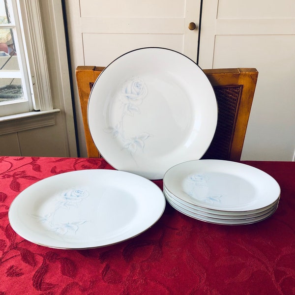 NORITAKE VIRTUE Fine China, Vintage 2934, Dinner & Salad Plate Set Solitaire Blue White Rose, Made in Japan 1979-96, Platinum Rim, Tea Lunch