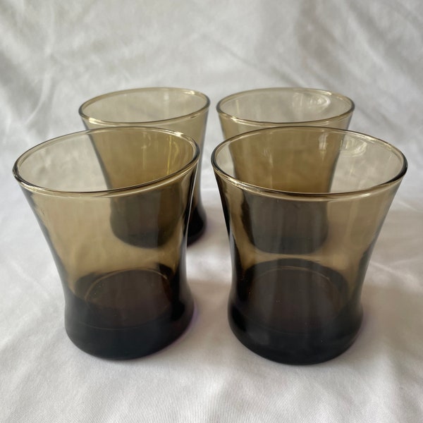 Vintage Smoky Brown Drinking Glasses, 4 in Set, Mid Century, MCM, For Water, Bourbon, Iced Tea, Liquor Mixed Drinks, Hourglass Shape