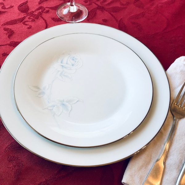 NORITAKE VIRTUE Fine China, Vintage 2934, Dinner & Salad Plate Set Solitaire Blue White Rose, Made in Japan 1979-96, Platinum Rim, Tea Lunch