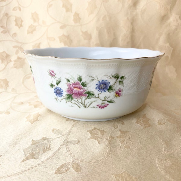 Spring Night Vegetable Bowl, Andrea by Sadek, Vintage Serving 7” Pink Purple Flowers with Gold Trim, Japan, Bright Light Decor, For Wedding