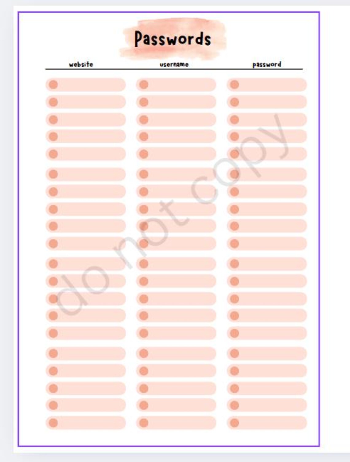 Password List Printable Planner Page Digital Template Binder Planner ...