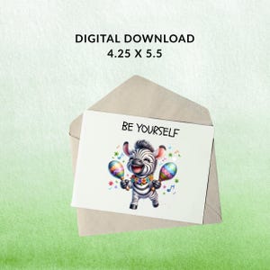 Tarjeta de notas con diseño de cebra caprichosa, "Sé tú mismo", descarga digital
