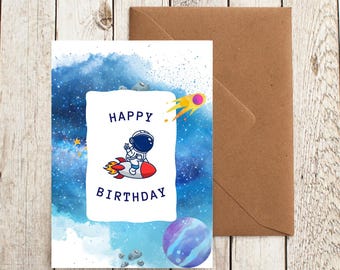 Happy Birthday Card For Kids, Outer Space / Astronaut, 5x7, Digital Download, Print at Home