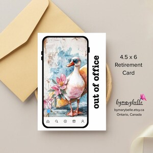 Carte de retraite canard, originale et drôle. « Hors du bureau » 4,5 x 6 pouces - EXPÉDITION PHYSIQUE maintenant disponible au Canada et aux États-Unis.