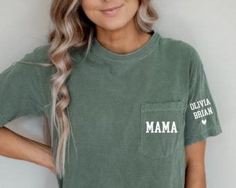 Chemise maman personnalisée avec nom de l'enfant sur la manche, couleurs confortables, chemise maman avec poche, t-shirt maman, t-shirt fête des mères, cadeau femme enceinte