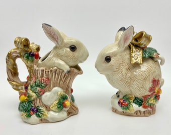 Vintage 1990’s Fitz and Floyd Figural Bunny Rabbit Creamer and Covered Sugar w/ Spoon in Snowy Woods Pattern