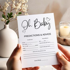 Plantilla de tarjeta con predicciones y consejos para bebés Tarjeta de predicciones para bebés Actividad minimalista para baby shower Consejos para bebés para mamá Descargar versión imprimible T1
