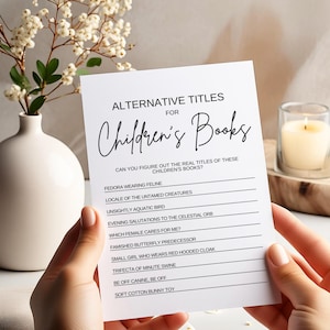 May include: A printable game card with the title "Alternative Titles for Children's Books". The card lists a series of alternative titles for popular children's books, such as "Fedora Wearing Feline" and "Locale of the Untamed Creatures".
